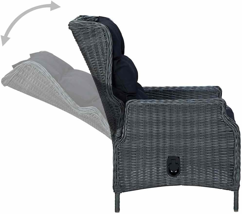 vidaXL Reclining Garden Chair with Cushions Dark Grey Poly Rattan Outdoor Seating Adjustable Backrest Weather Resistant Single Maximum Weight 264.6Lbs Modern Design Recliner Patio Comfortable