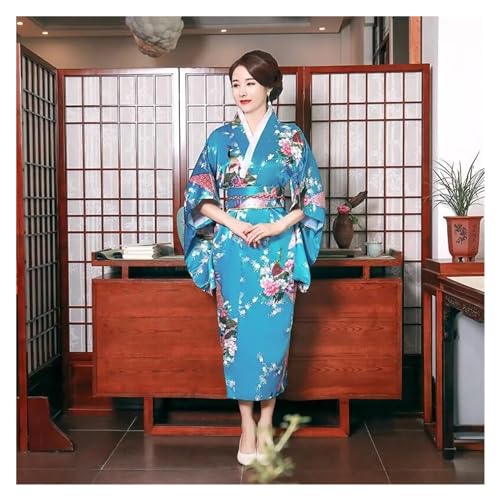 OneSize-Vestido Tipo Kimono japonés for Mujer, Bata de baño de satén con Cuello en V, Vestido de Noche for Fiesta y graduación, Disfraz de Cosplay Vintage, Vestido de Manga Larga (Color : Lake Blue 2