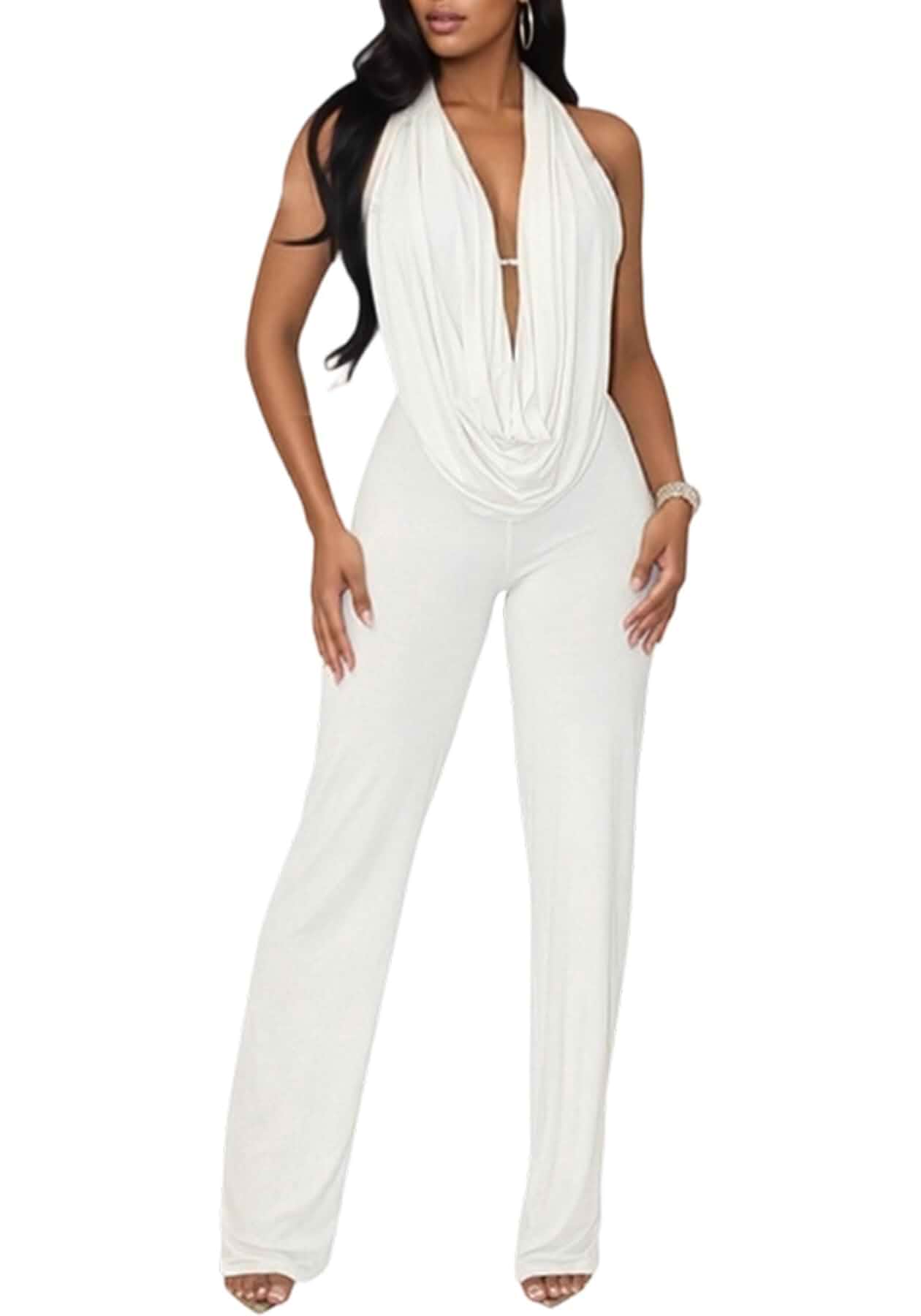 Tcremisa Sexy Jumpsuits for Women Halter Backless Drape Ruched Jumpsuit Summer Sleeveless Backless Wide Leg Romper Loose Fit One Piece Outfit Clubwear