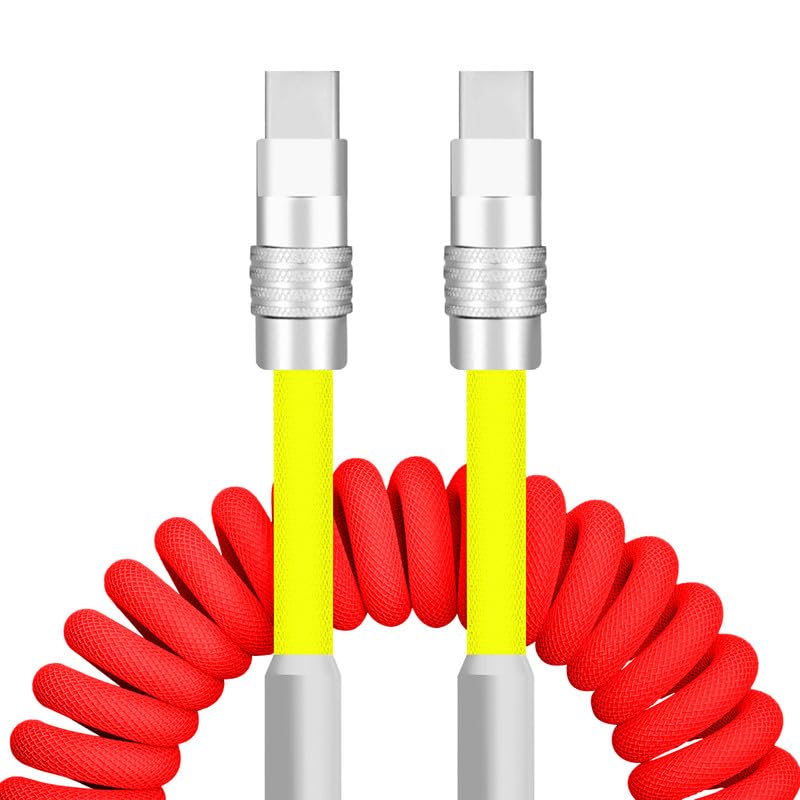 Curly Chubby New Spring Charge Cable Spiral Braid Fast Charging Cable Phones Tablet Coiled USB C Charger Cable Cord USB-C to USB A Cable, Red+Yellow, Type-C to Type-C, 2.29FT-3.6FT Red+Yellow Type C-Type C