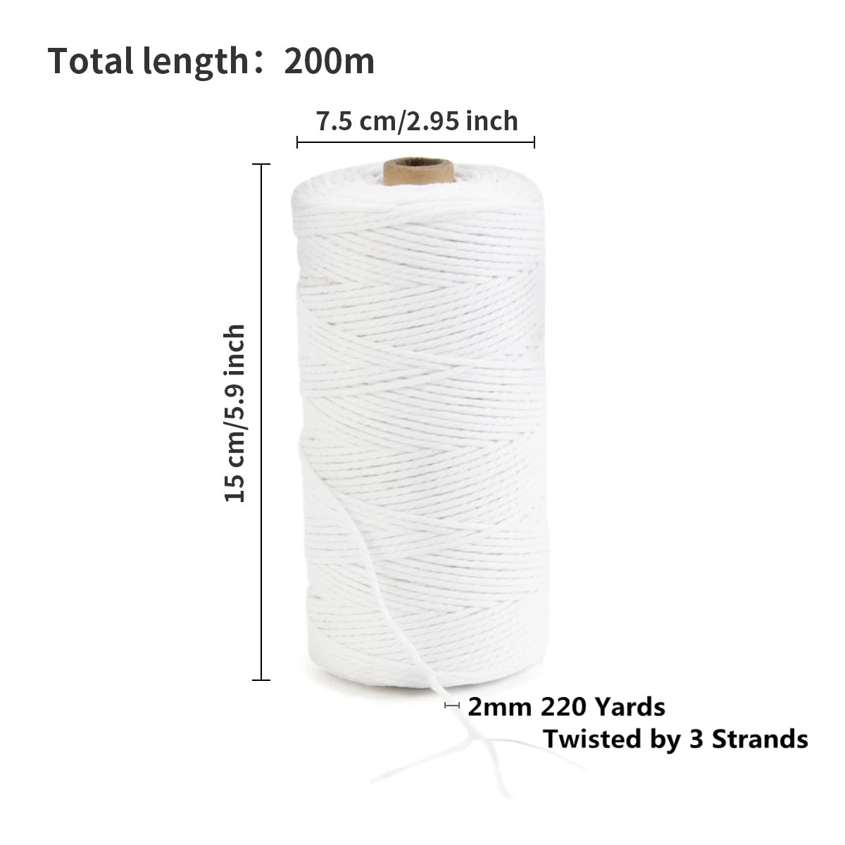 POZEAN sznurek do makramy, 2 mm, kolorowa lina do makramy, 200 m, 100% naturalna bawełniana lina do zawieszania na ścianie, wieszaków na rośliny, rękodzieła DIY, dziewiarstwa, projektów dekoracyjnych na Boże Narodzenie ślub (biały)