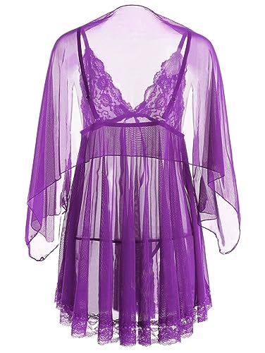 Pyjama mesh érotique pour femme, slip dress en maille fine et lingerie sexy trois pièces de nuit