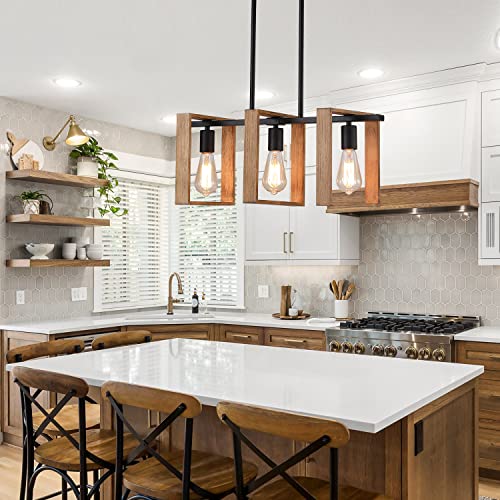 9Mmml 3 Lights Kitchen Island Lighting, Black 3 Lights Dining Room Chandelier,Wood Frame Pendant Light For Living Room Foyer Entryway Hallway,E26 #TOP3