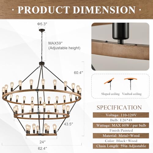 Image of Oak Wooden Wagon Wheel Chandelier 48-Light 63 inch Light Fixture