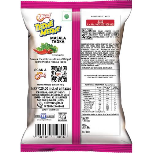 Image of ITC Bingo! Tedhe Medhe Masala Tadka - Sticks with Indian Masala Flavour - 80g /75g(Weight May Vary) (Pack of 3)