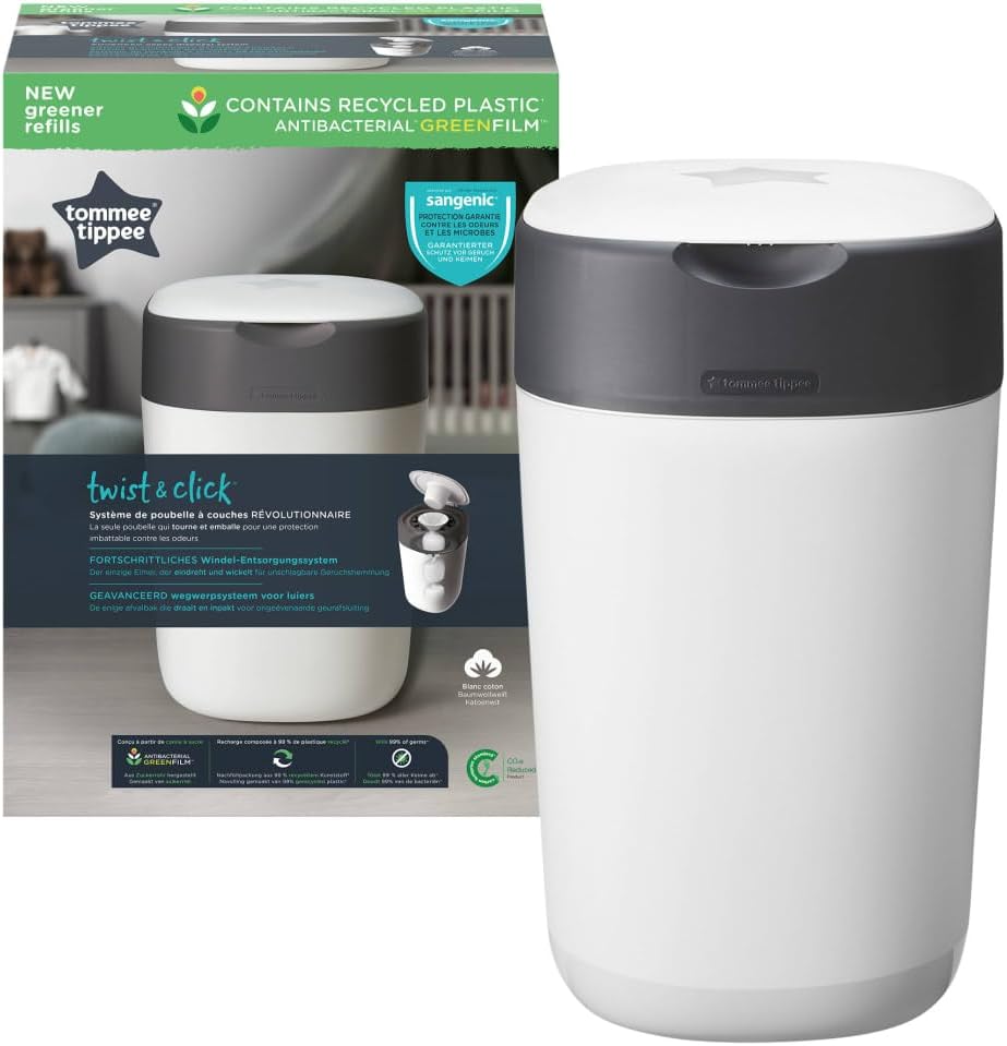 Twist and Click Advanced Nappy Bin, Eco-Friendlier System, Includes 1x Refill Cassette with Sustainably Sourced Antibacterial GREENFILM, White