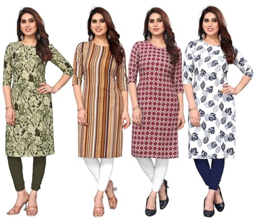 Image of JAKHANA Women's Crepe Printed Casual Straight Calf Length Round Nick Kurta Pack of 4
