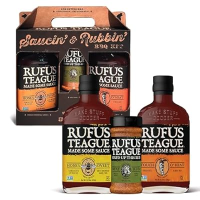 Rufus Teague BBQ Sauce & Rub BBQ Gift Set, Saucin' & Rubbin' Tote with Honey Sweet, Touch O' Heat, and Meat Rub, Great Grilling and 3-Piece Cooking Gift, Made in USA