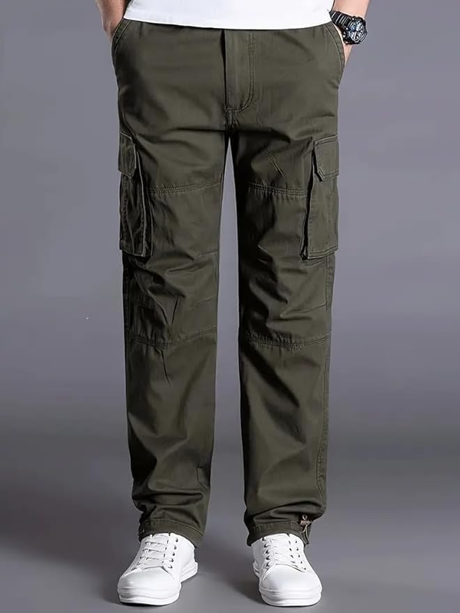 Image of DBAX Men's Olive Green Utility Cargo Pants | Multi Pocket Relaxed Fit Cargo Trousers | Durable Casual Streetwear Pants for Men