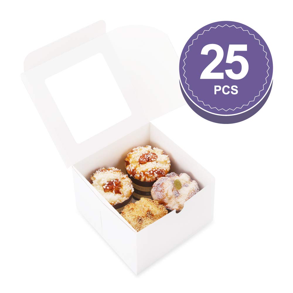 25 cajas de panadería blancas con ventana de 5 x 5 x 3.5 pulgadas, cajas de postre para llevar con ventana, cajas de dulces para panadería pequeña, postre, dulces, galletas, pastelería