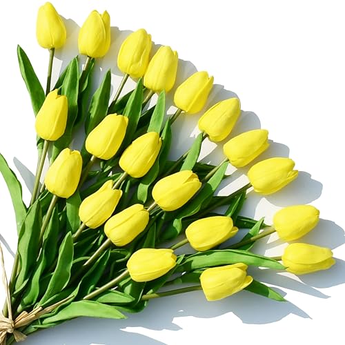 Image of ONLY ART Artificial Yellow Tulips 20 Pcs - 13.5 Inch PU Faux Flowers with Bendable Stems for Home Decor, Wedding Centerpieces, DIY Floral Arrangements, New Year and Valentine's Day