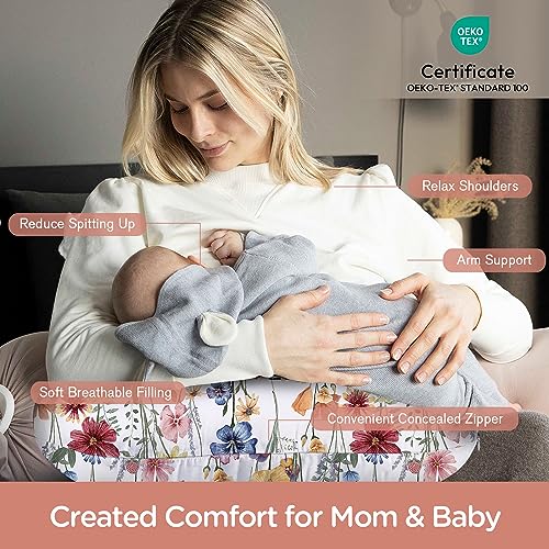 Little Grape Land Nursing Pillow for Infants, Breastfeeding Pillows, Baby Support Pillow for Nursing, Bottle Feeding, Tummy Time with Machine Washable Cover & Breathable Filling (Spring Flower) - Image 3