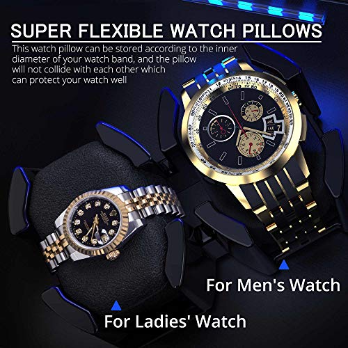 Jins&Vico Watch Winder For 4 Watches +4 Extra Storages With Blue Interior Backlight, Lockable Watch Winding Box In Coffee Leather Shell, Silent Mabuchi Motors And 4 Rotation Mode Setting #TOP4