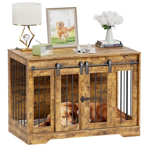 MSFE Hundebox Möbel,Holz-Hundehütte mit Doppelschiebetüren&Seitliches Türschloss,hundekäfig Indoor für Hunde Kleiner, Mittlerer Rassen,Hundehütte aus Mesh,Beistelltisch Hundehaus,105 * 58 * 75.4cm