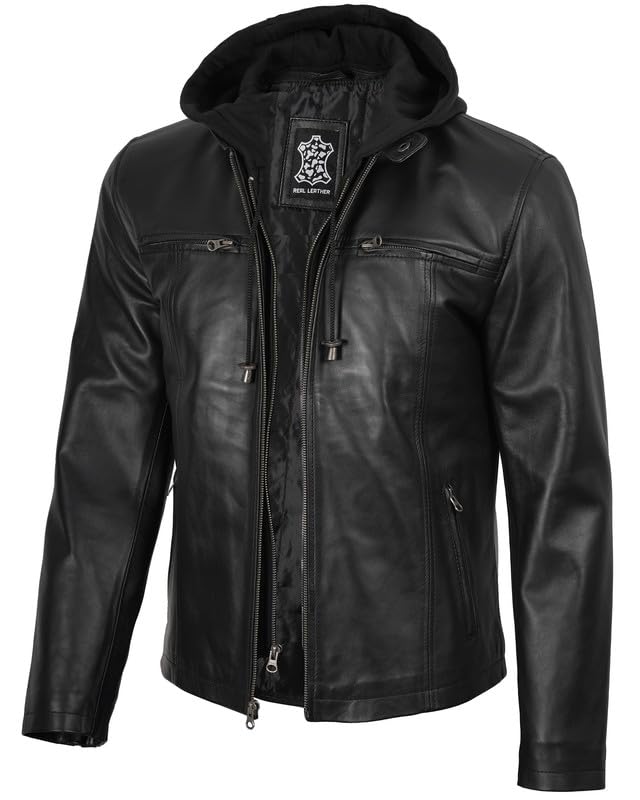 Image of Decrum Hooded Leather Jacket Men | Real Lambskin Leather, Detachable Hood, Zip Closure, Multiple Pockets, Polyester Lining