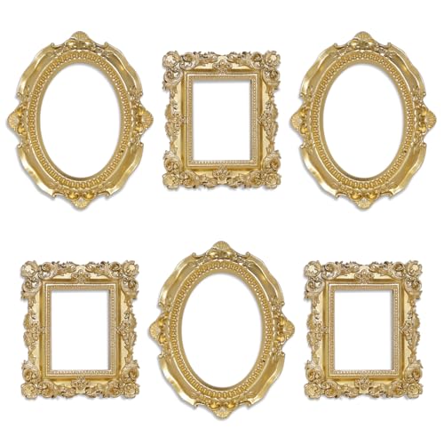 Image of 6 Pcs Mini Frames, Gold Small Vintage Picture Frames Antique Resin Photo Frame for DIY Craft Galley Wall Hanging Jewelry Display Shooting Photo Props Christmas Decor (Without Backings)