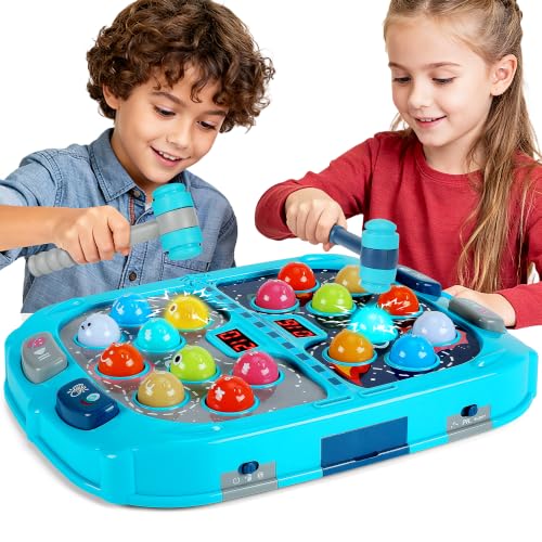 Guffawz Whack-a-Mole Game for Kids Interactive Hammer Toy with Lights & Sounds PK Mode with 2 Hammers Educational Pounding Game for Kids Ages 3-8 Gifts for Boys & Girls(Blue)