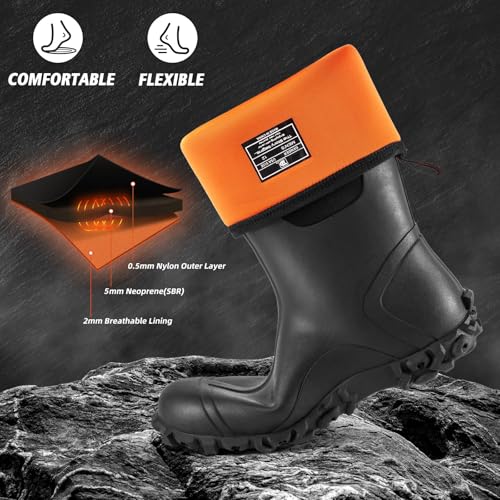 Rubber Boots for Men with Steel Shank, Waterproof Insulated Reliable Rain Boots for Outdoor Work Hunting, Warm Dry 5mm Neoprene Anti-slip All-Season Mud Boots, Size 5-144