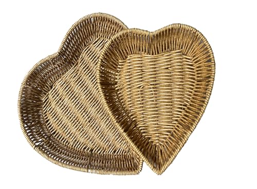Heart shaped rattan service basket, woven bread and fruit bowl, dining table tray, one large and one small 2-piece set