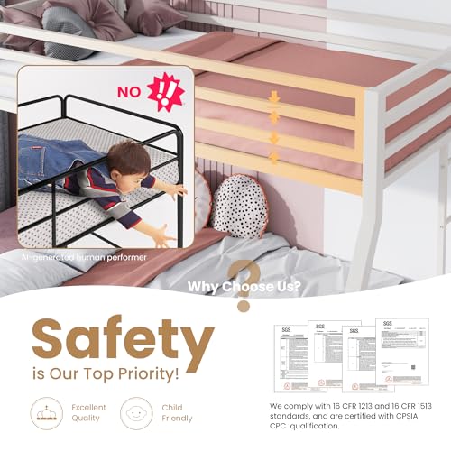 Image of SHA CERLIN Bunk Bed Twin Over Full Size with Ladder and Guardrail,White | Heavy Duty,Metal Slats Support,No Box Spring Needed,Small Space Saving Furniture for Bedroom Dorm