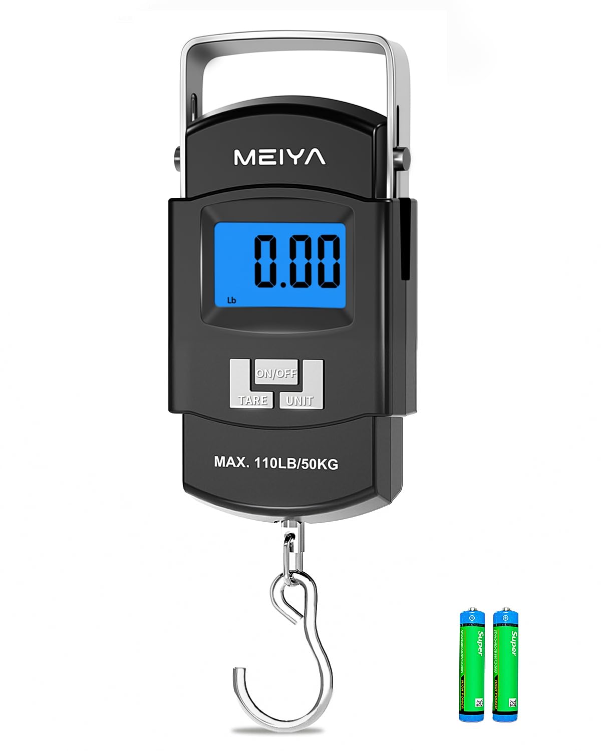 MEIYA Fish Scale 110lb/50kg Digital Fishing Scale with Backlit LCD, Portable Handle, Stainless Steel Hook & 2 AAA Batteries – Reliable Fishing Gear & Great Fishing Gifts for Men