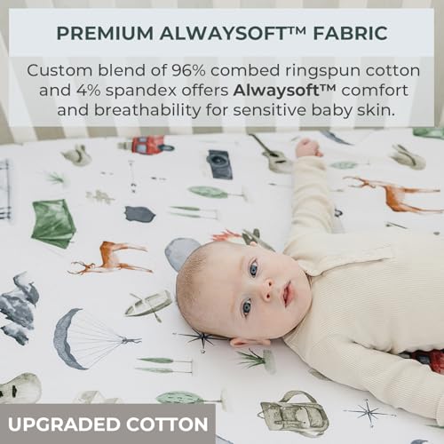 Image of Pobibaby 2 Pack Pack N Play Sheets for Boys - Premium Cotton Blend Fitted Playard Sheet, Soft Breathable Mini Crib Sheets Boy, Playpen Mattress Cover for Standard Travel Playards 38x26 (Explore)