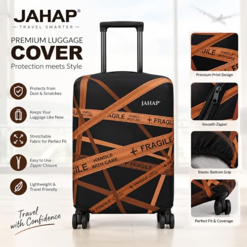 Image of JAHAP 20 Inch Luggage Cover Small | Fragile Print Stretchable Trolley Bag Cover for Suitcase | Stretchable Trolley Protector (Fits Only On Fiber /Plastic Trolley Bag)