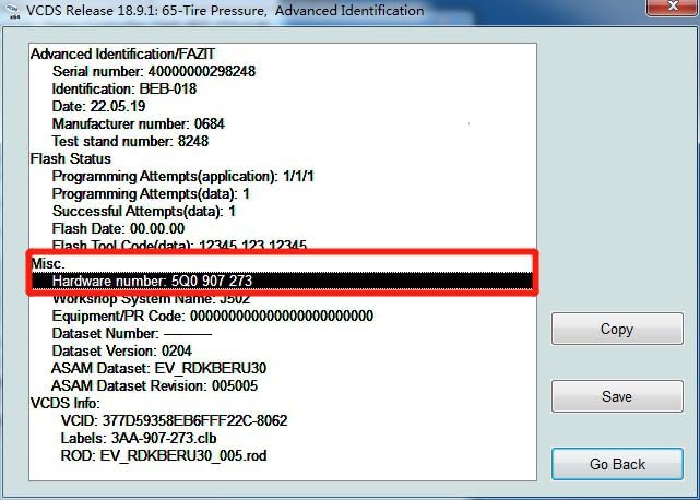 VCDS diagnostic software screen displaying vehicle information, including a hardware number, relevant for TPMS module coding.