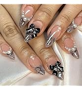 Black Lace French Tip Press on Nails Medium Almond Fake Nails with Pearl Bow Designs Glossy Nude ...