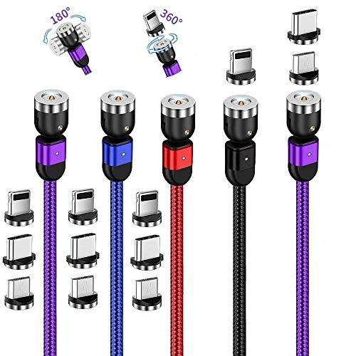 Lot de 5 câbles de charge USB magnétiques 3 en 1 de 4 m, 9 m, 9 m, 1,8 m, 3 m, 3 m, rotation à 360 ° et 180 ° (plusieurs couleurs) Cover