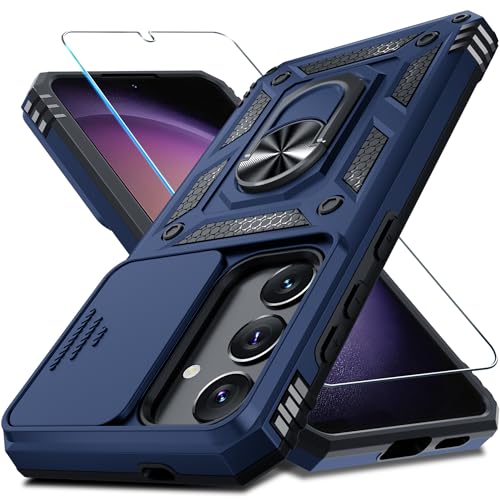 Janmitta Compatible with Samsung Galaxy S25/S24 Case [Not for S25+] Built in Slide Camera Lens Cover+Screen Protector+Kickstand,Heavy Duty Shockproof Full Body Phone Cover,Blue