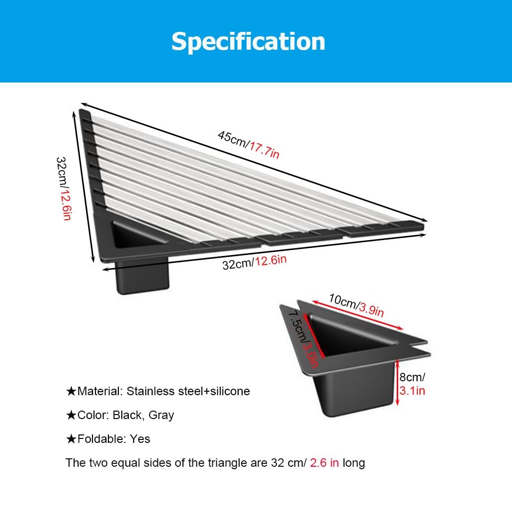 Escurridor de platos de esquina, organizador de fregadero y soporte para esponjas, escurridor de platos triangular para encimera de cocina, alfombrilla escurridora enrollable para platos y estante de
