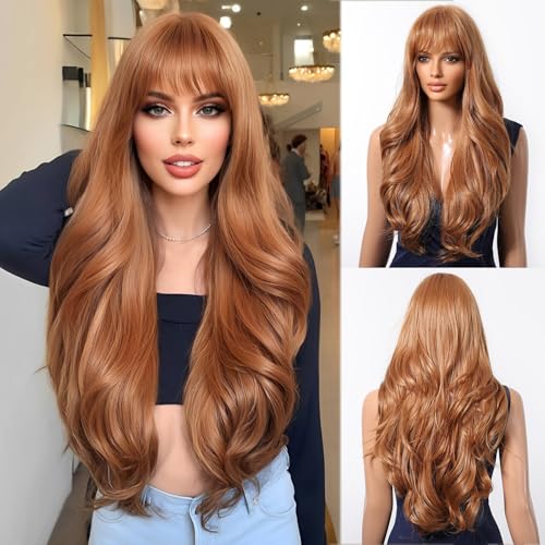 Esmee Long Wavy Strawberry Blonde with Fringe Wigs for Women Natural Synthetic Heat Resistant Hair Curly Wig for Party Daily Use