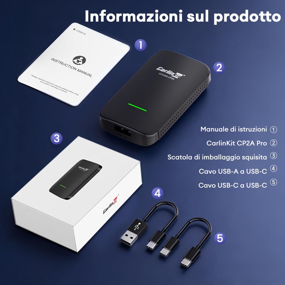 Carlinkit Adattatore CarPlay CP2A Pro senza fili - Supporta lo streaming di Netflix/YouTube/TikTok Lite per auto CarPlay cablate di fabbrica, dongle Android senza fili e per auto, USB-A/C