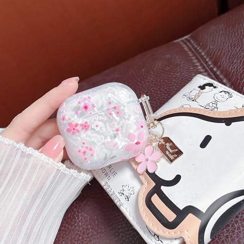 Image of MINSCOSE for Cute Glitter AirPods 4 Clear Case,Shell Pattern Flower Aesthetics Design with Girly Floral Keychain,Soft TPU Protective Cover with Cleaner Kit for AirPods 4-Pink