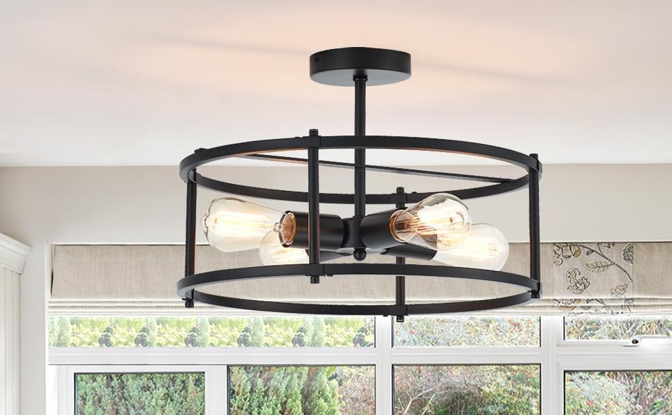 Miniatura 9 de Lámpara de techo moderna semiempotrada industrial con 4 luces para cocina, comedor, dormitorio, pasillo, sala de estar, negro mate, diámetro de 17