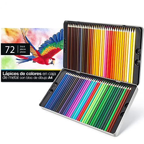 OfficeTree Set 72 lapices colores con bloc de dibujo A4 - Set lapices de colores profesionales para adultos con caja de metal - Set de lápices de colores con lápiz & goma