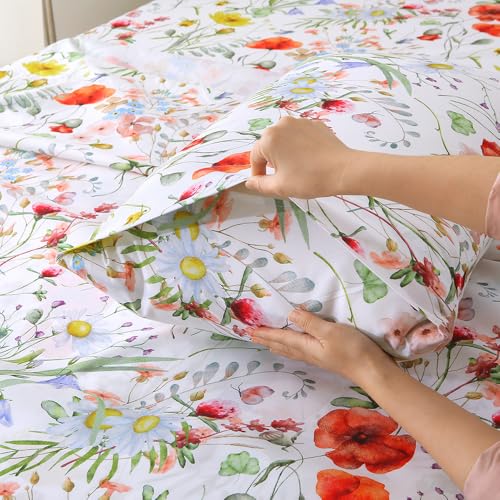Image of MUXHOMO King Size 4 Piece Sheet Set, Soft & Breathable Sheet Set for Bedroom with Deep Pocket Up to 16 inch, Wrinkle-Free & Cooling Bed Sheets with Flat Sheet, Fitted Sheet & Pillowcases - Spring Flower