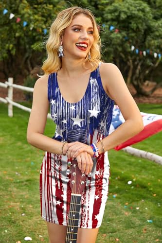 Image of For G and PL Women 4th of July American Flag Tank Dress Deep V Neck Stars Stripe Mini Patriotic Sleeveless Sundress