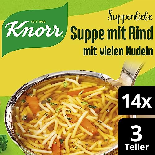 Knorr Suppenliebe Suppe mit Rind für eine leckere Nudelsuppe mit vielen Nudeln ohne geschmacksverstärkende Zusatzstoffe und Farbstoffe 14 x 3 Teller