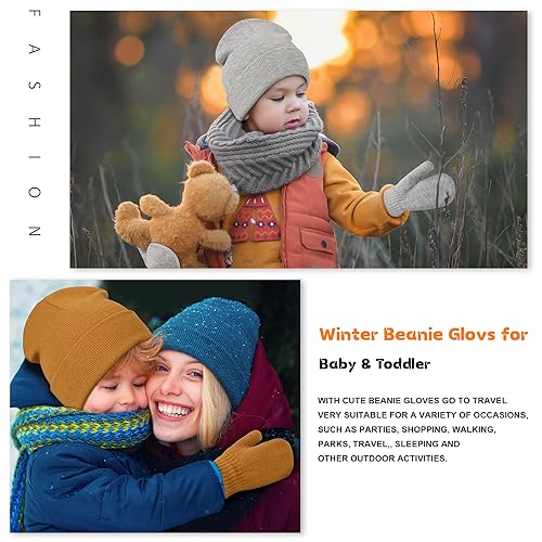 Image of Baby Beanie Hat Gloves Set, Kids Winter Warm Knit Hat with glvoes,Toddler Soft Beanie for Little Boys Little Girls Children