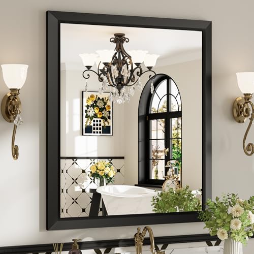 Image of 30x36 Inch Black Bathroom Mirror for Wall, Beveled Framed Rectangle Bathroom Vanity Mirrors for Over Sink, Bedroom, Living Room, Entryway, Anti-Rust, HD Tempered Glass, Horizontally /Vertically