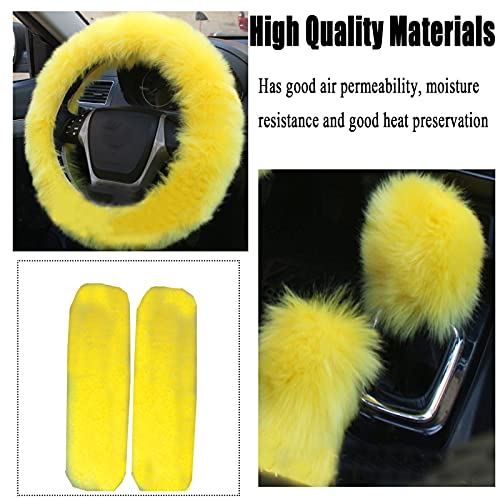 Yslsloo 1 Set 5 Pcs Fluffy Steering Wheel Cover Set & Handbrake Cover & Gear Shift Cover Set & Seat Belt Shoulder Pads Car Interior Furry Steering Wheel Covers Fit For 15 Inch (Yellow) #TOP3