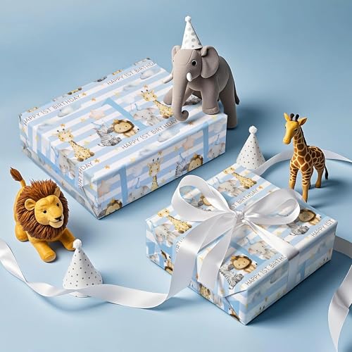 RUSPEPA Geschenkpapier zum 1. Geburtstag eines Jungen – Mini-Rolle – 43,2 cm x 5 m – Babyblaues, bezauberndes Dschungeltier-Geschenkpapier, perfekt für Mädchengeburtstage.