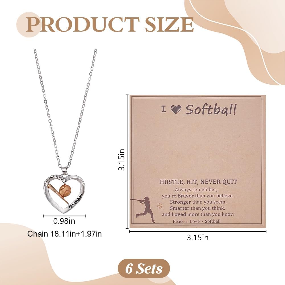 FREEBLOSS 6 Set Softball Necklace Gift Adjustable Baseball Necklace with Heart Shaped Pendant Gifts for Girlfriend Mom Sports Fans 20" Long - Image 2