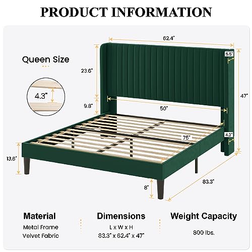Image of SHA CERLIN Queen Size Velvet Bed Frame, Tufted Wingback Headboard, Green | 47'' Modern Vertical Channel Headboard, Upholstered Platform Bed, Wood Slats, No Box Spring Needed, Easy Assembly, Noise Free