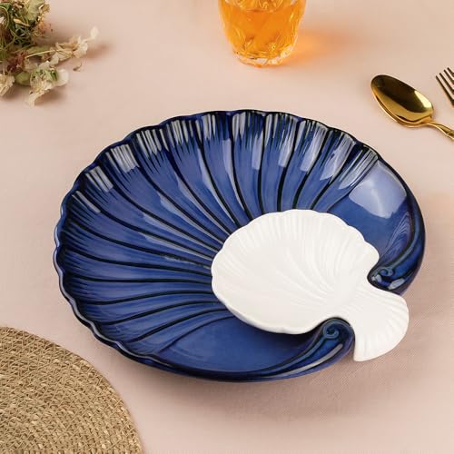 Image of The Earth Store Blue Sea Shell Ceramic Platter Set of 1 | Microwave & Dishwasher Safe Chip and Dip Serving Platter for Snacks, Starter, Fruits, Salad, Sweets & Appetizers