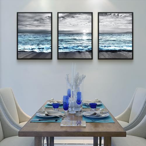 Black Framed Canvas Wall Art For Living Room Wall Decorations For Bedroom Wall Decor Black And White Wall Painting Blue Ocean Sea Wave Pictures Artwork For Modern Beach Posters Home Decor 3 Piece