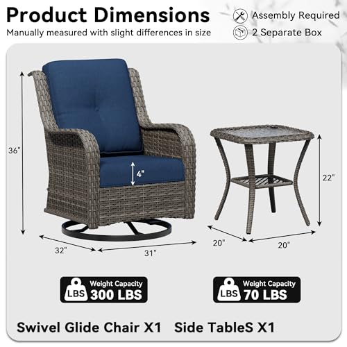 Image of 2 Pieces Outdoor Swivel Rocker Patio Chairs Set - Outdoor Wicker Patio Furniture Sets with 1 Side Table, Olefin Fabric Cushions Suitable for Backyard Deck and Porch, Blue