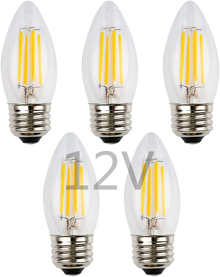 OPALRAY 4W Low Voltage DC/AC 12V LED Bulb, Dimmable with DC Dimmer, E26 Medium Base, Warm White Light, Clear Glass Torpedo Tip, 400Lm 40W Incandescent Equivalent, 12V-24V DC Power Input, 5 Pack